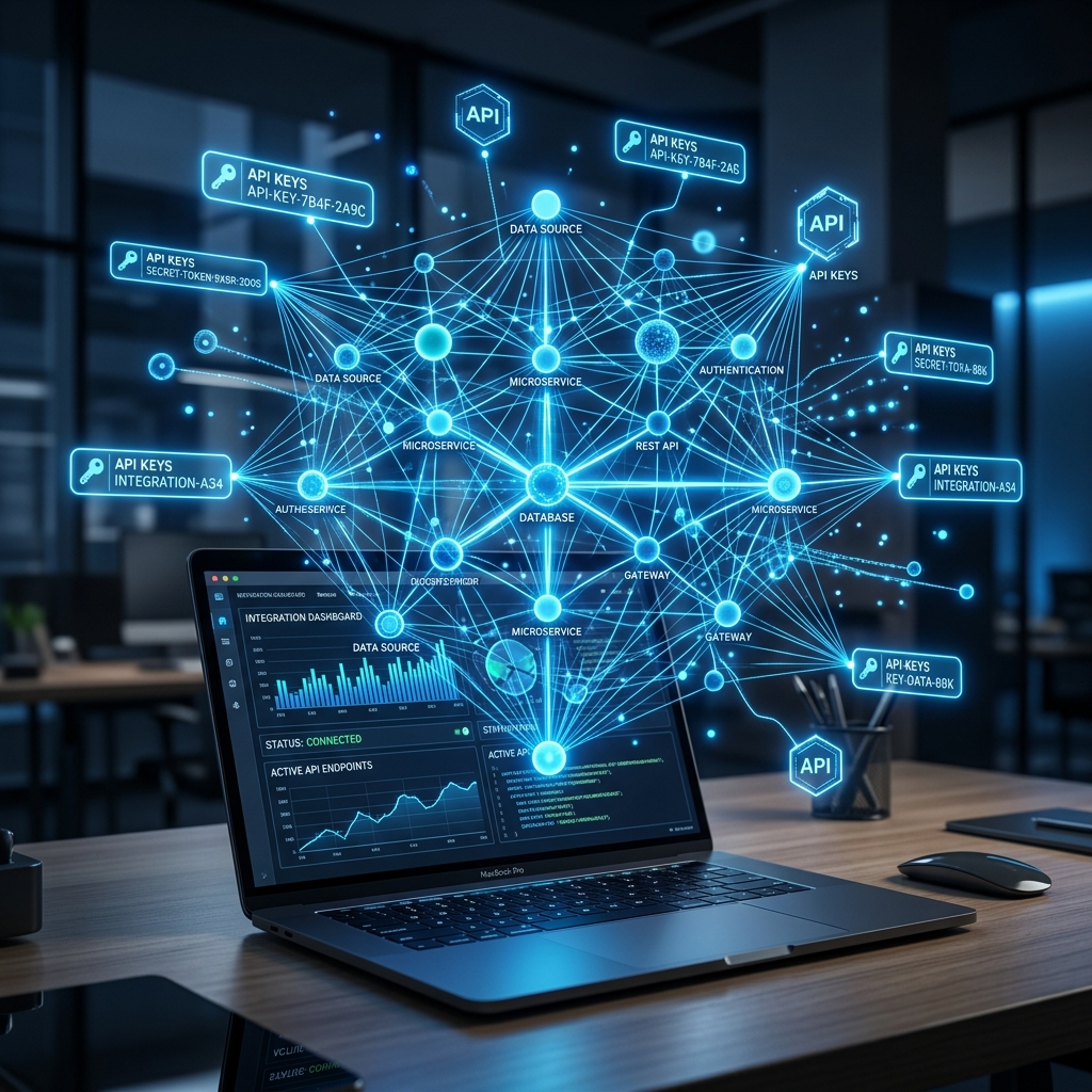 Network of interconnected digital nodes and API keys floating above a sleek laptop, visualizing software integration, glowing blue accents --no woman
