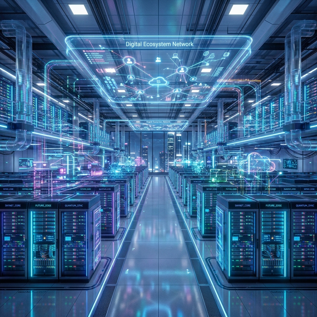 High tech futuristic cloud server room, glowing racks, digital ecosystem representation, 8k resolution --no woman